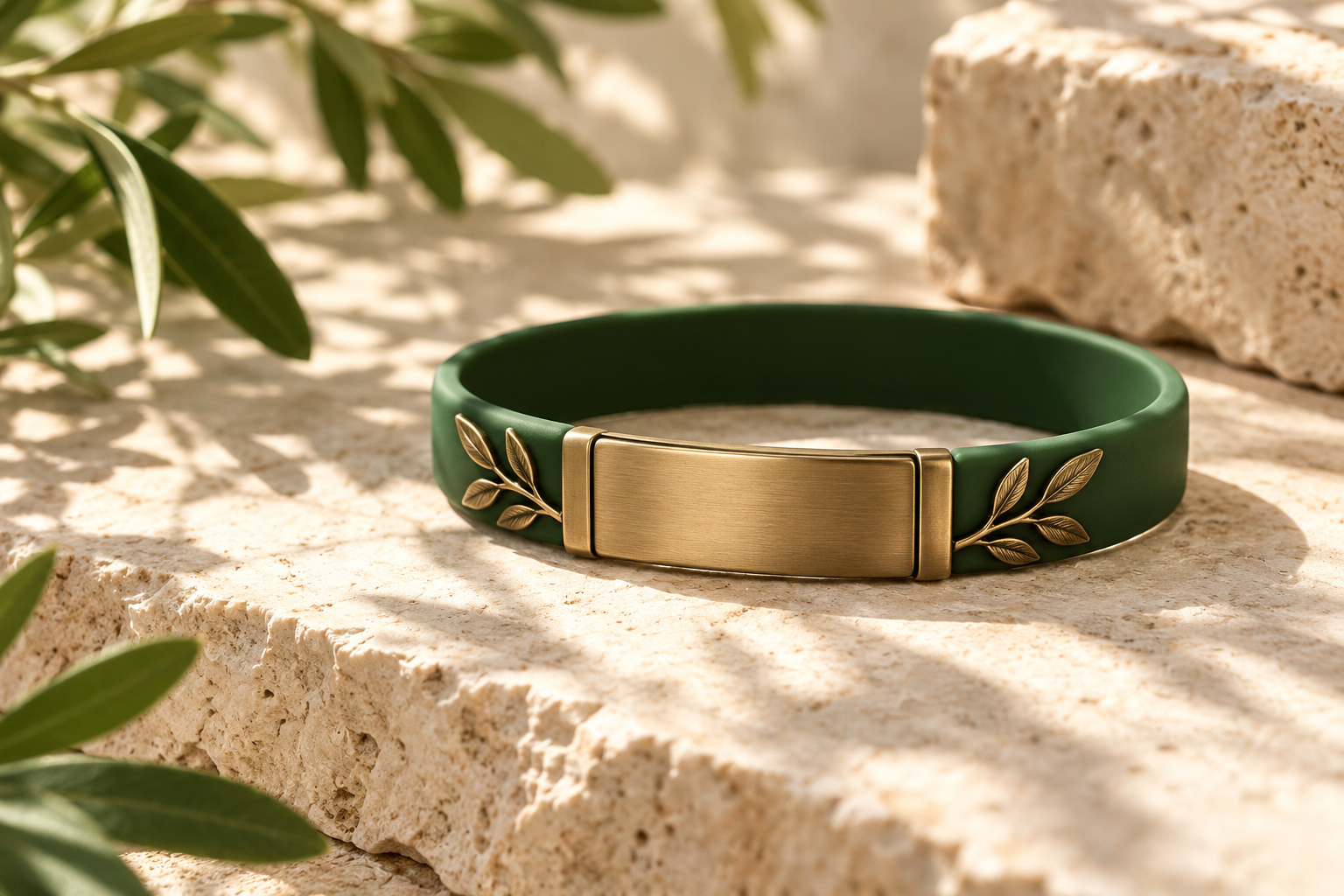 Forest-green Care ID bracelet concept with a broad gold plate and botanical details along the band; no working QR code is shown